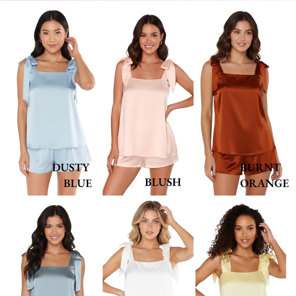 Women's Dusty Blue Pajama Set, Silky Tie Knot Tank Top PJ set - Picture 3 of 11